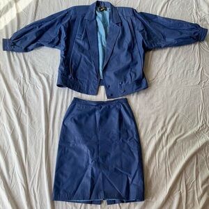 Vintage Genuine Leather Jota U Cueros 80s Blue Bomber Jacket & Pencil Skirt Set